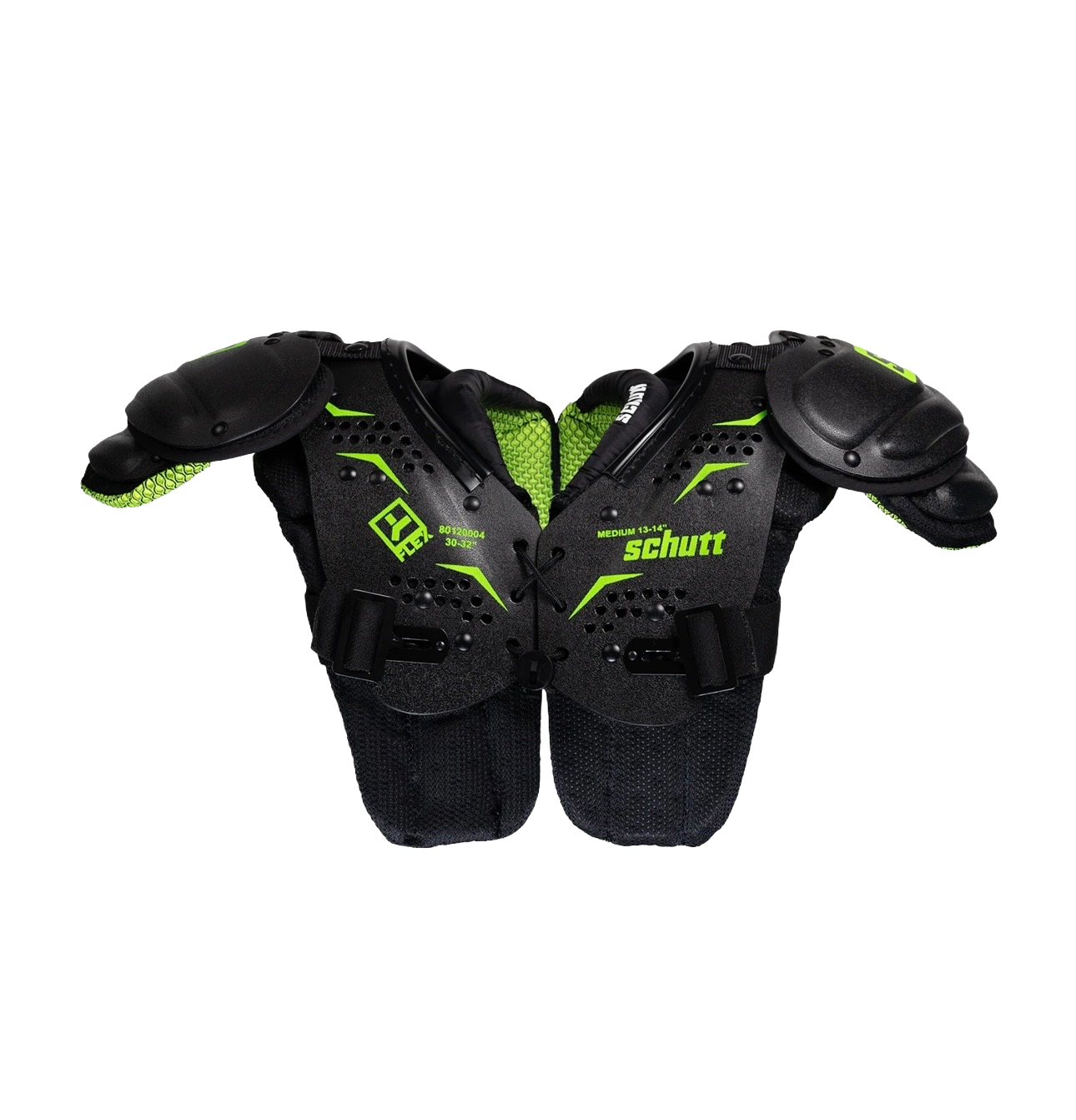 Black and neon green T-Flex youth shoulder pads with Schutt branding.