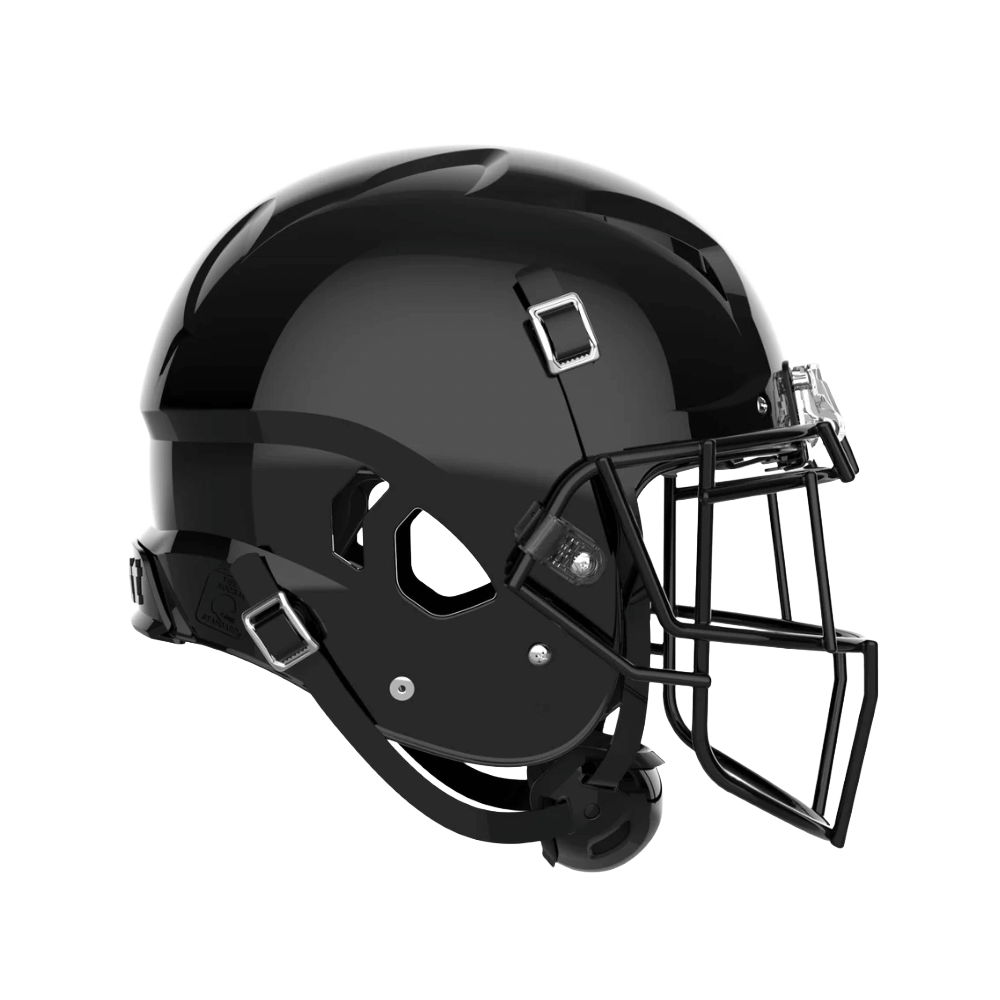 Black football helmet with a face mask.