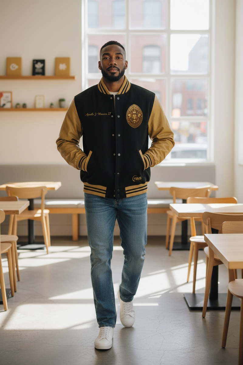 Man wearing a black and tan varsity jacket and blue jeans.