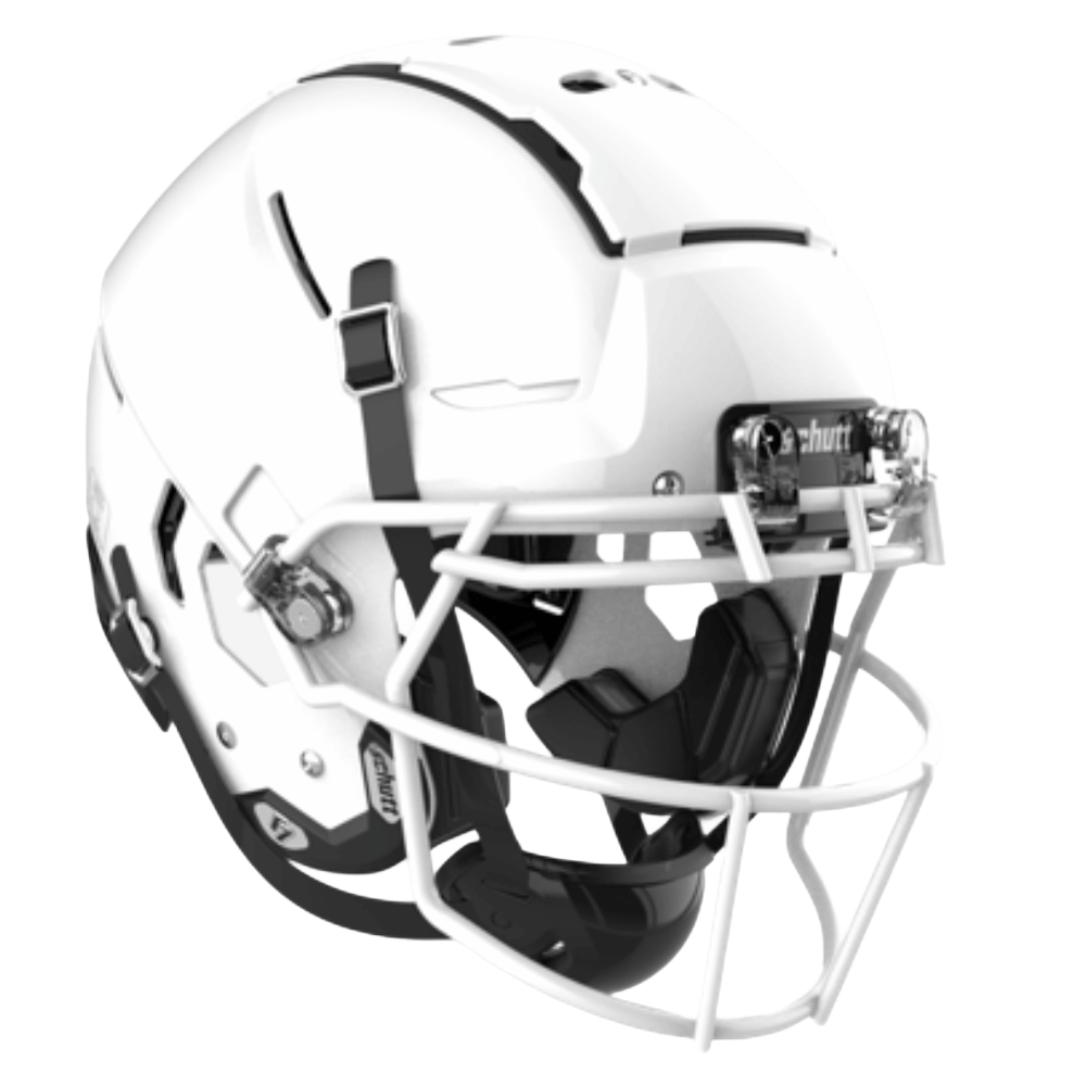 White football helmet with a white face mask and black accents.