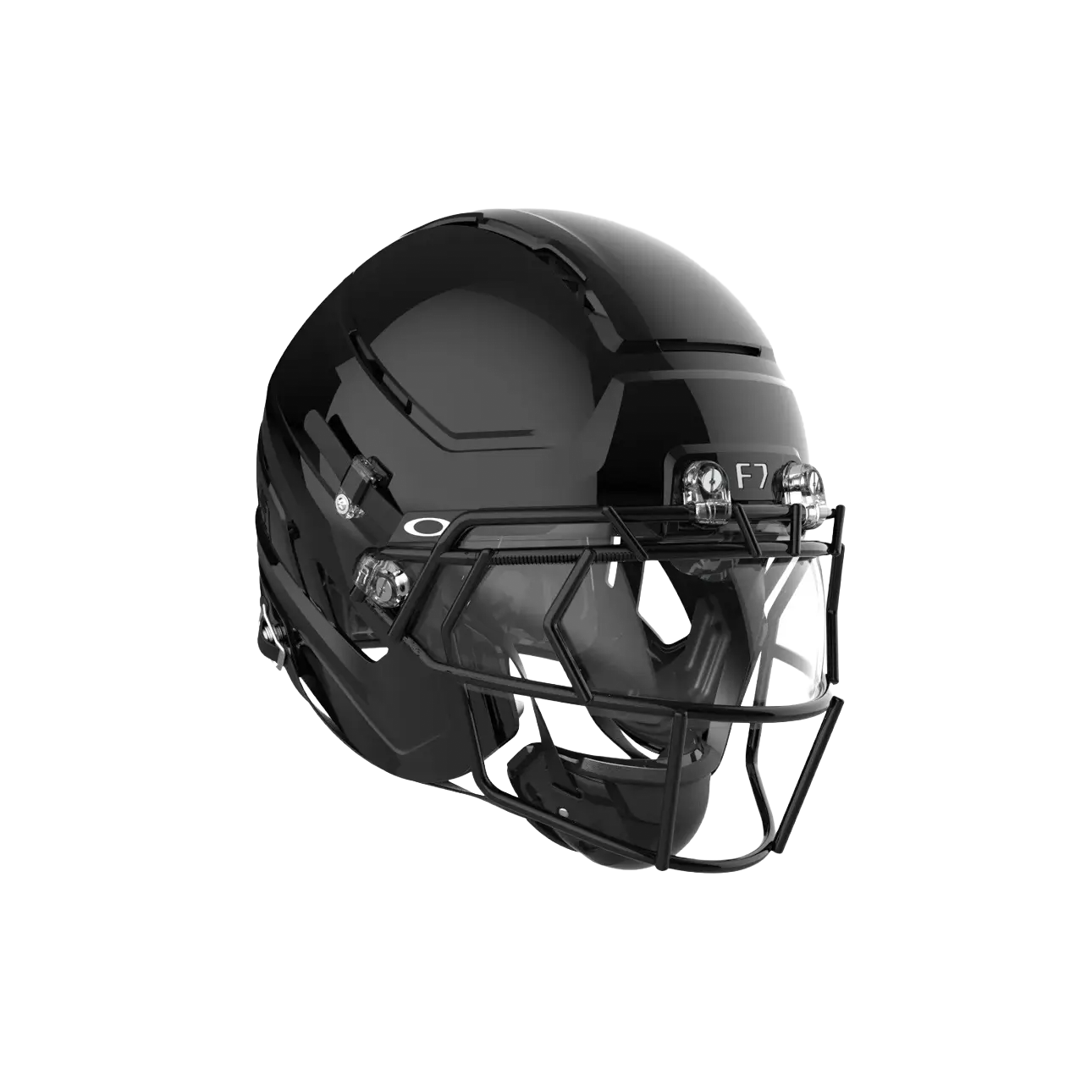 Black Oakley F7 football helmet with a clear visor and black facemask.