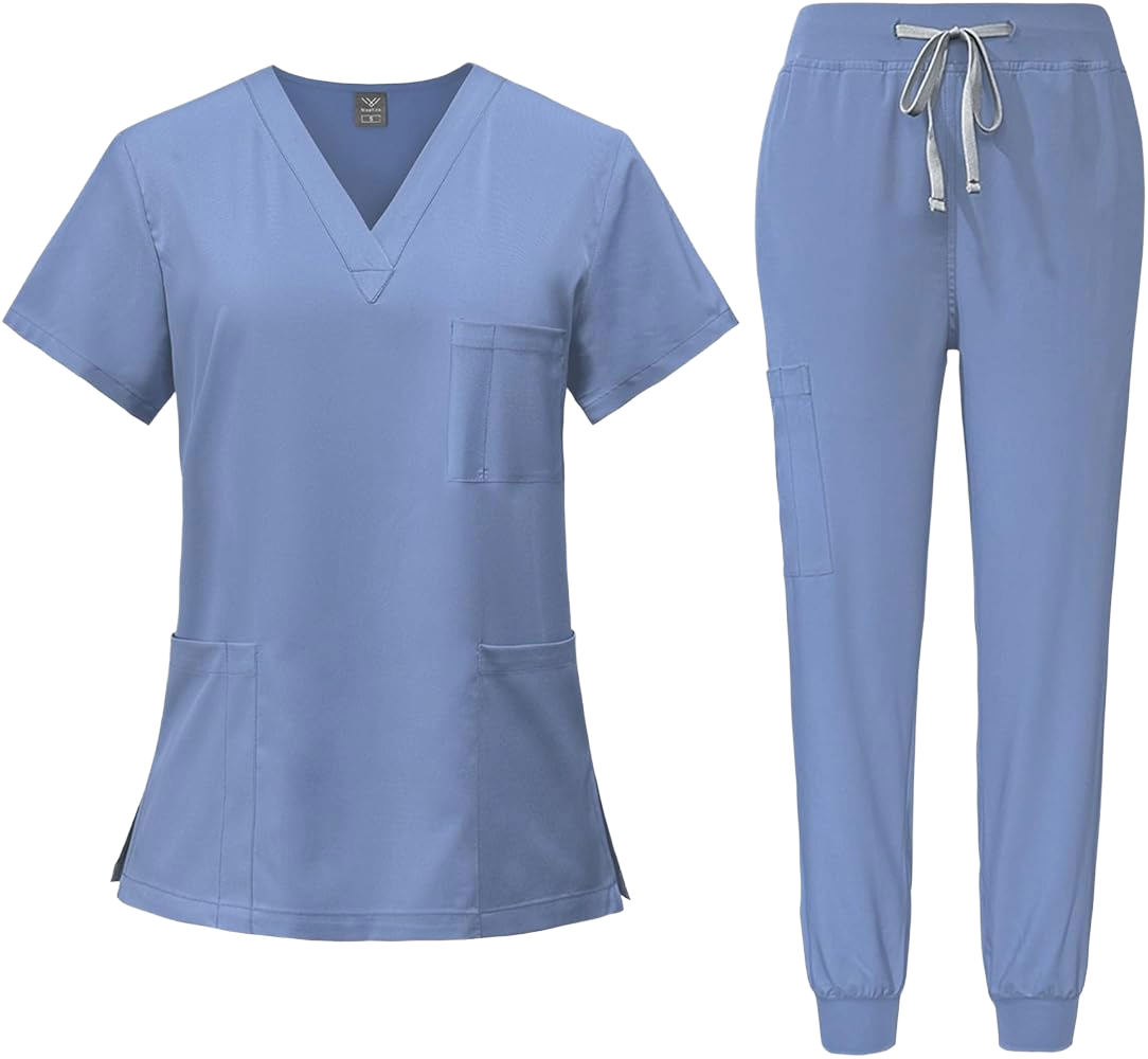 A light blue V-neck scrub top and matching jogger pants.