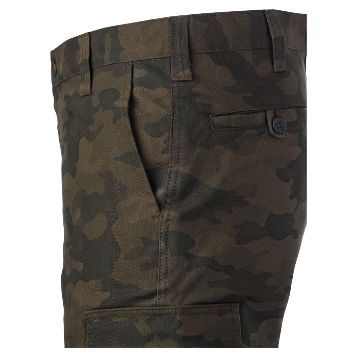 Close-up of camouflage work uniform pants with a front pocket and a buttoned back pocket.