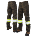 Camouflage work pants with reflective stripes and brown work boots.
