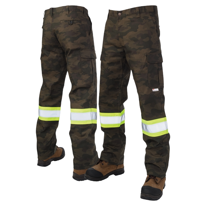 Camouflage work pants with reflective stripes and brown work boots.
