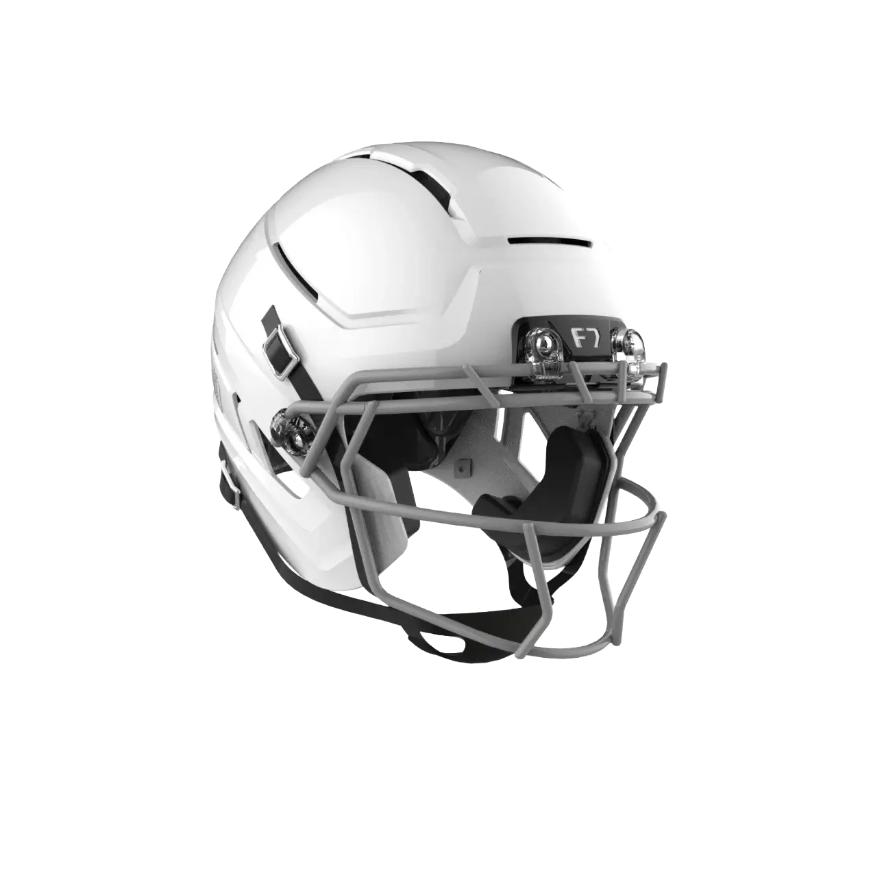 White football helmet with a gray facemask and "F7" logo.