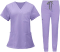 A set of light purple nursing scrubs, including a V-neck top and drawstring pants.