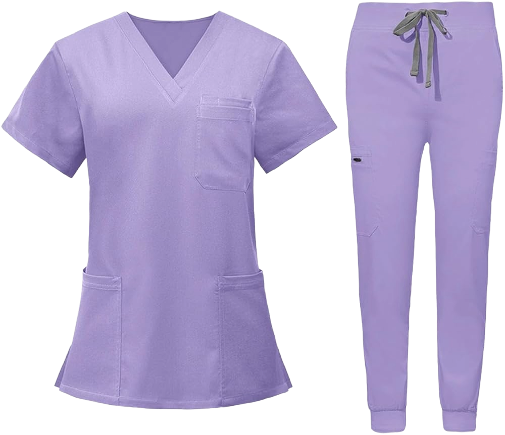 A set of light purple nursing scrubs, including a V-neck top and drawstring pants.