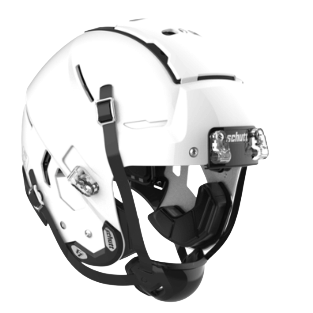 White Schutt sports helmet with black straps and chin guard.