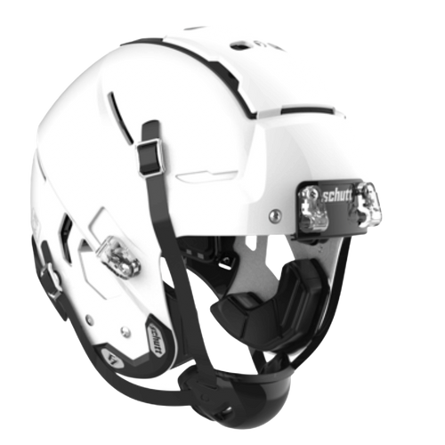White Schutt sports helmet with black straps and chin guard.