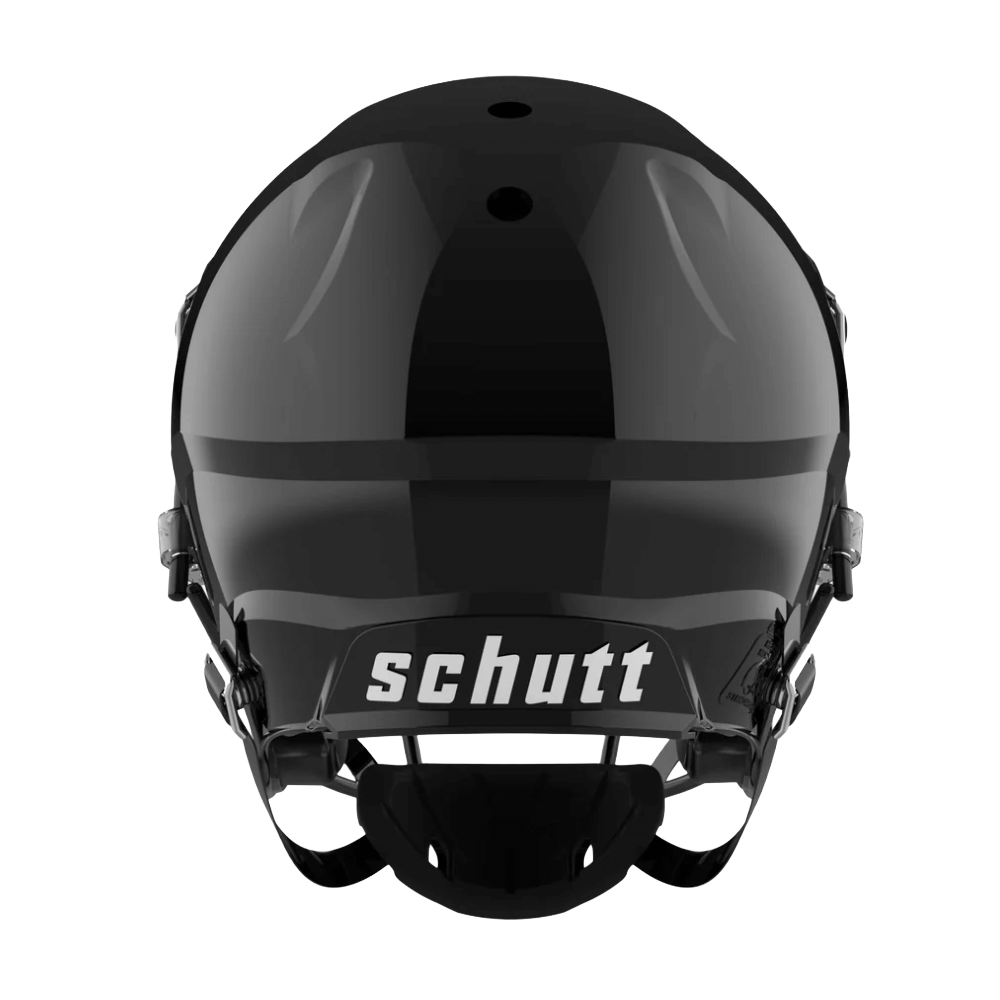 Black Schutt football helmet viewed from the back.