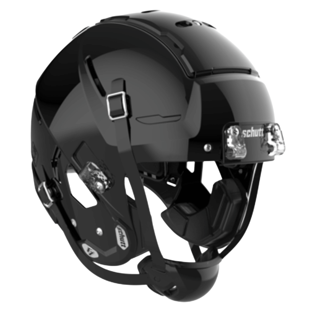 Black Schutt football helmet with clear face mask clips.