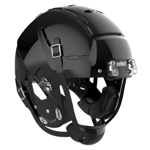 Black Schutt football helmet with clear face mask clips.