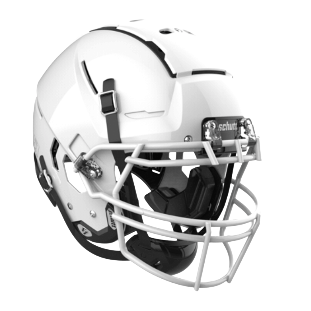 White football helmet with a white face mask and black accents.