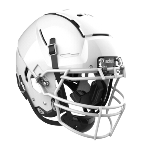 White football helmet with a white face mask and black accents.