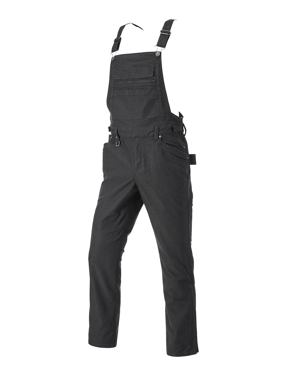 Dark grey denim overalls with multiple pockets and adjustable straps.