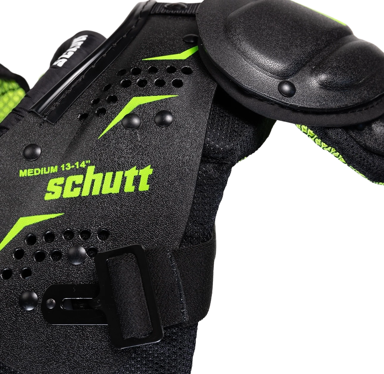 Black and neon green Schutt youth shoulder pads with size medium 13-14" label.