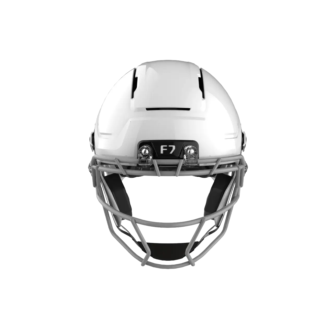 White sports helmet with a grey face mask and "F7" logo.