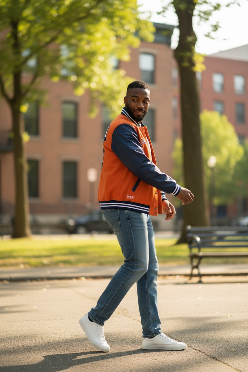 Man wearing an orange and navy varsity jacket and blue jeans.