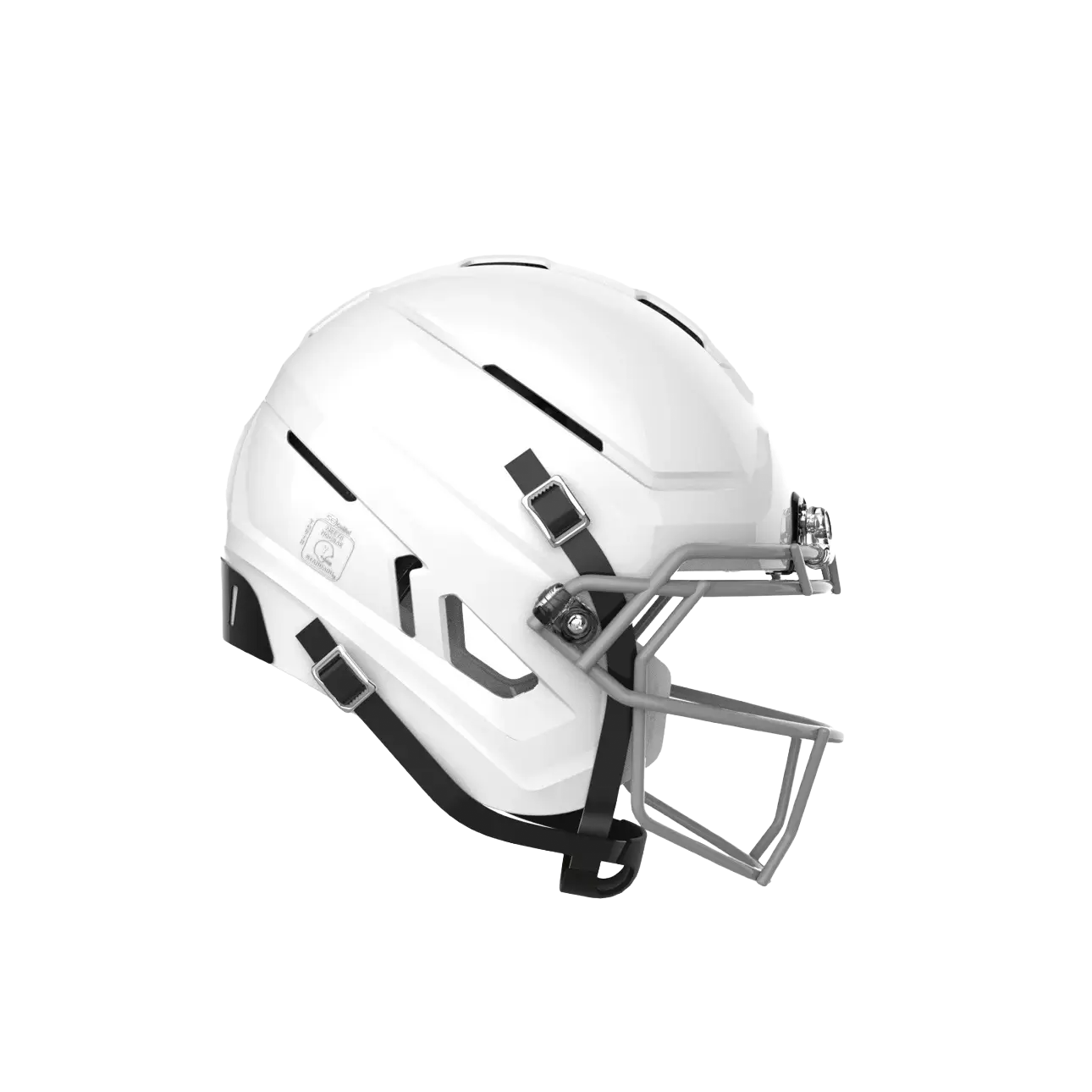 White football helmet with a grey facemask and black straps.