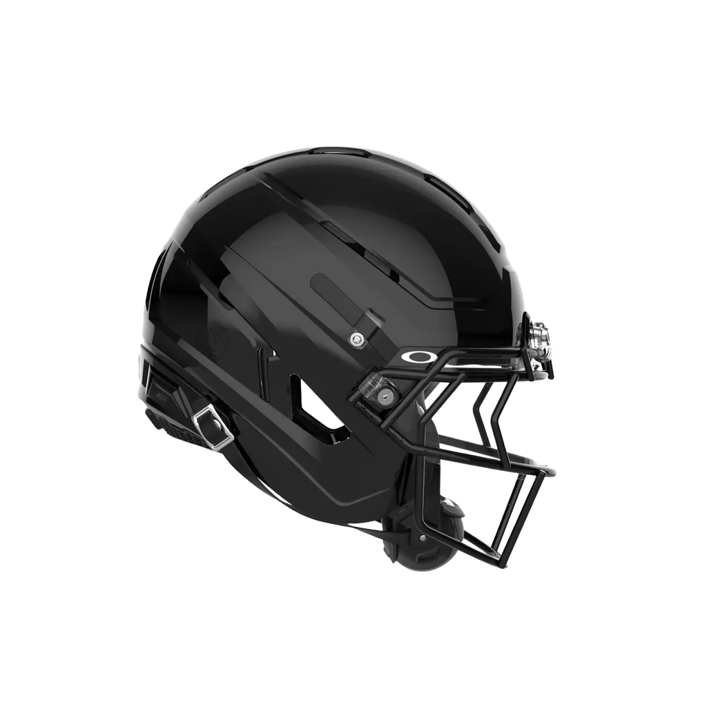 Black sports helmet with a face mask.