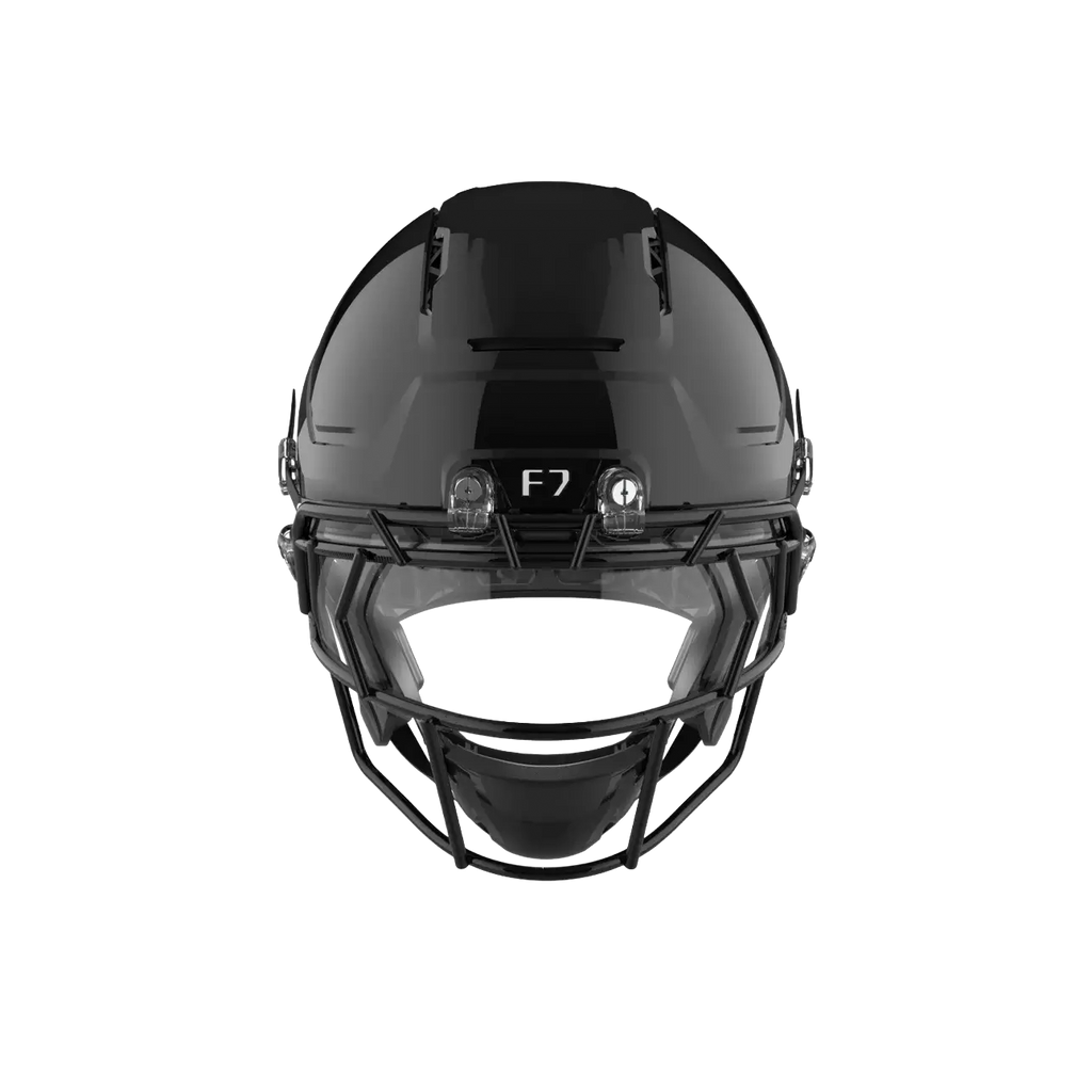 Black football helmet with a face mask and F7 logo.