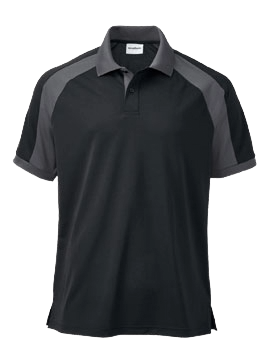 Black and grey short-sleeved polo shirt with a collar.
