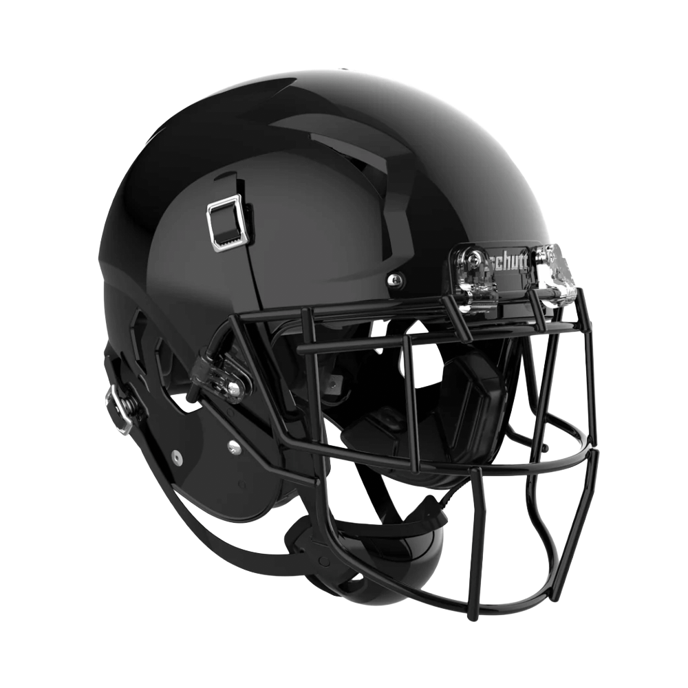Black Schutt football helmet with a black face mask.