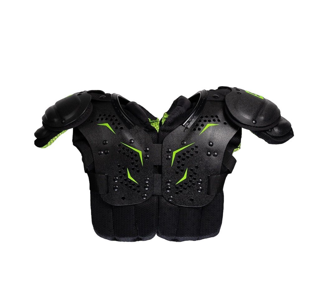 Black youth shoulder pads with neon green accents.