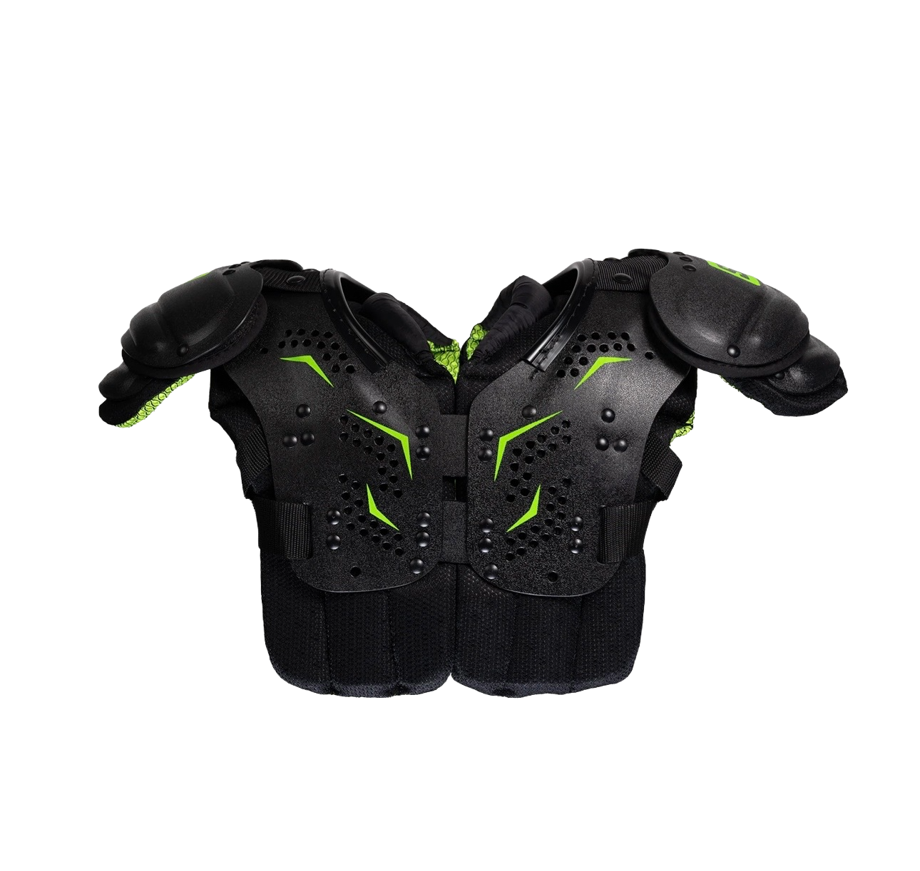 Black youth shoulder pads with neon green accents.