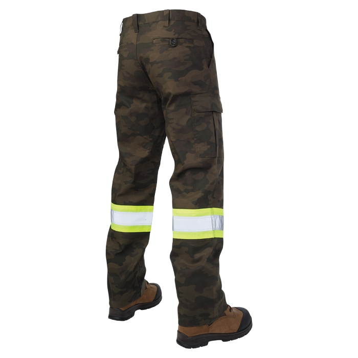 Camouflage work pants with reflective bands and brown boots.