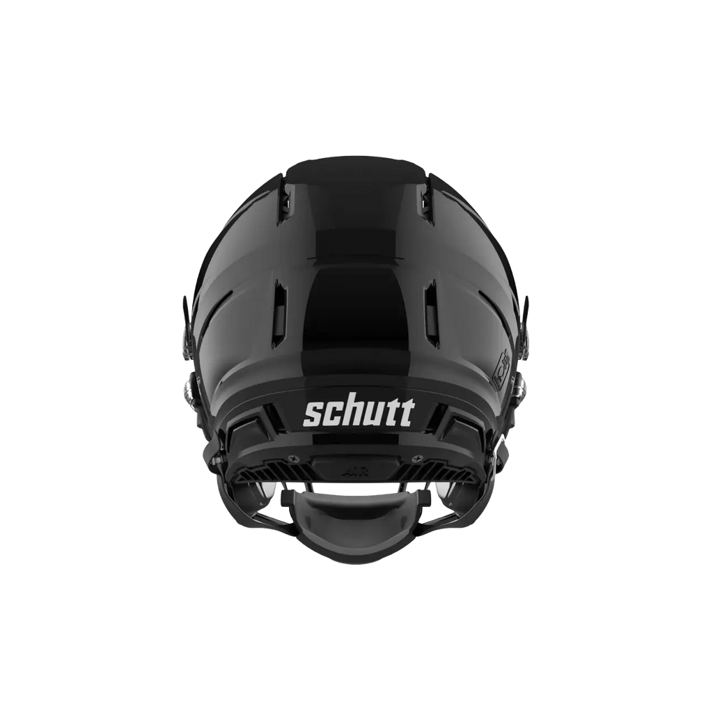 Black Schutt football helmet viewed from the back.