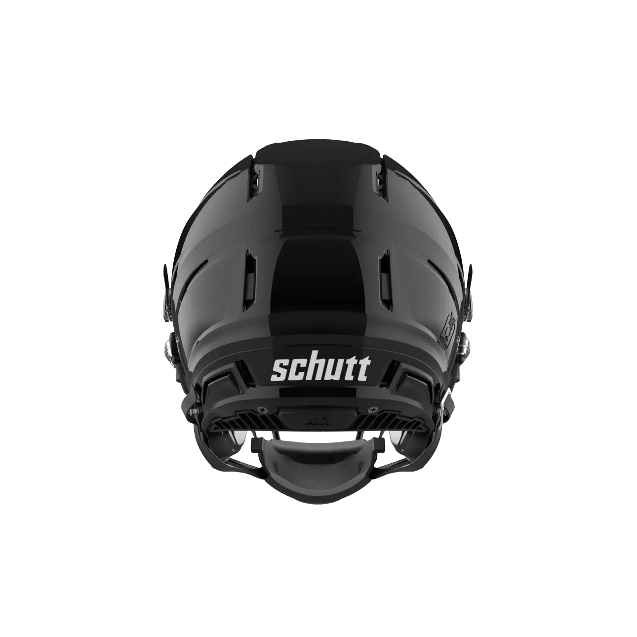 Black Schutt football helmet viewed from the back.