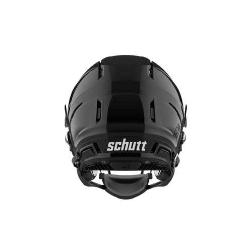 Black Schutt football helmet viewed from the back.