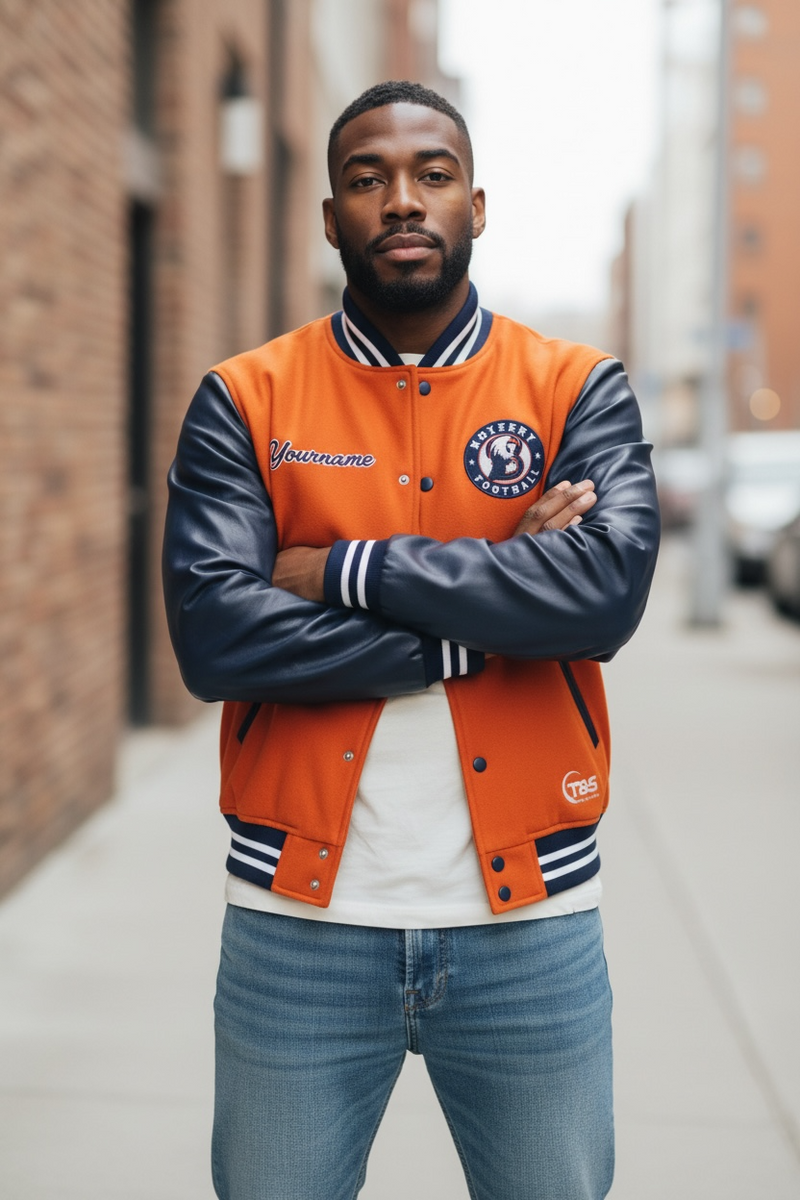 Man wearing an orange and navy letterman jacket with "Yourname" and a football logo.