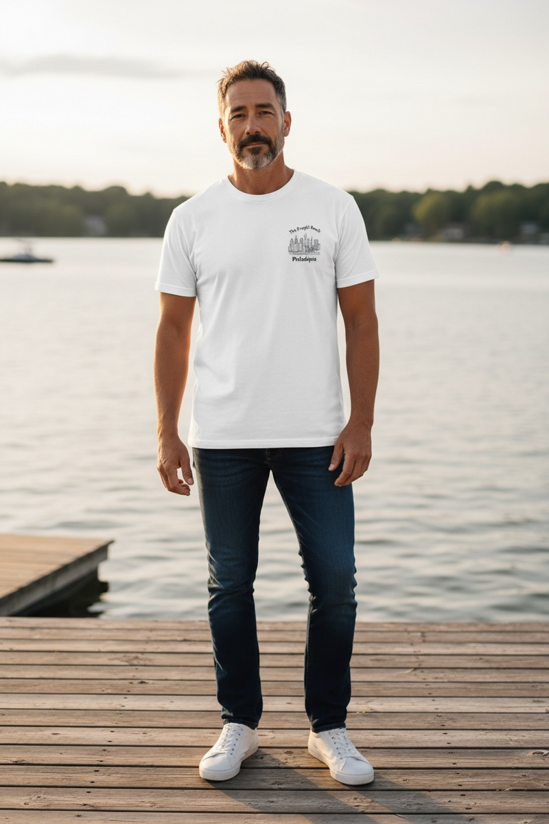 Man wearing a white t-shirt with a skyline graphic and "Philadelphia" text.