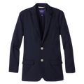 Navy blue school blazer with two buttons and two front pockets.