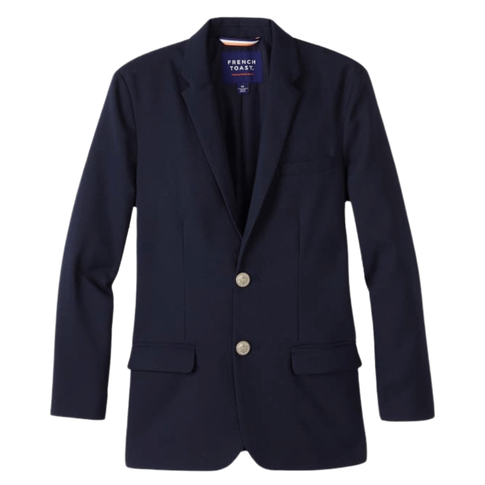 Navy blue school blazer with two buttons and two front pockets.