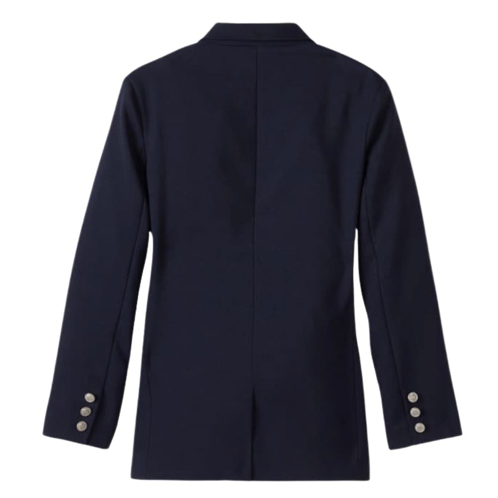 Navy blue school blazer with three buttons on each cuff.