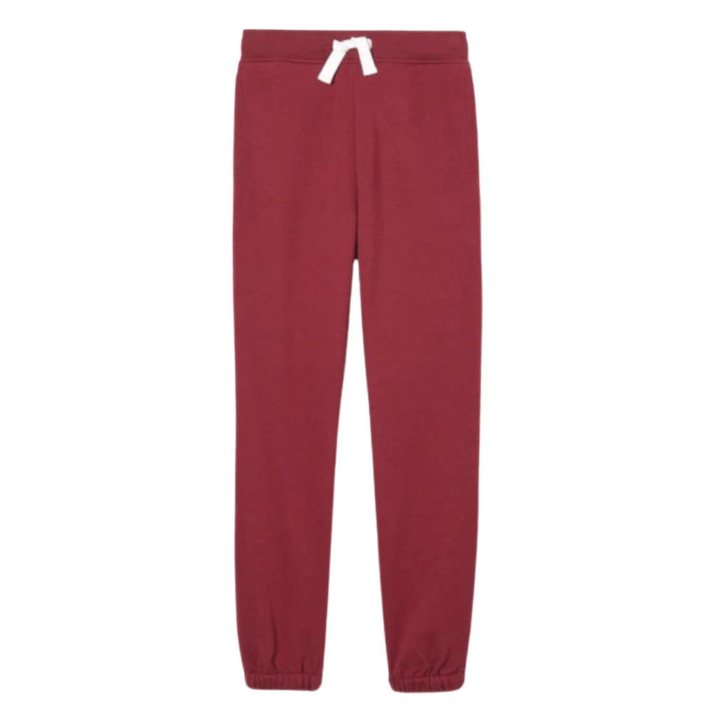 Maroon sweatpants with a white drawstring.