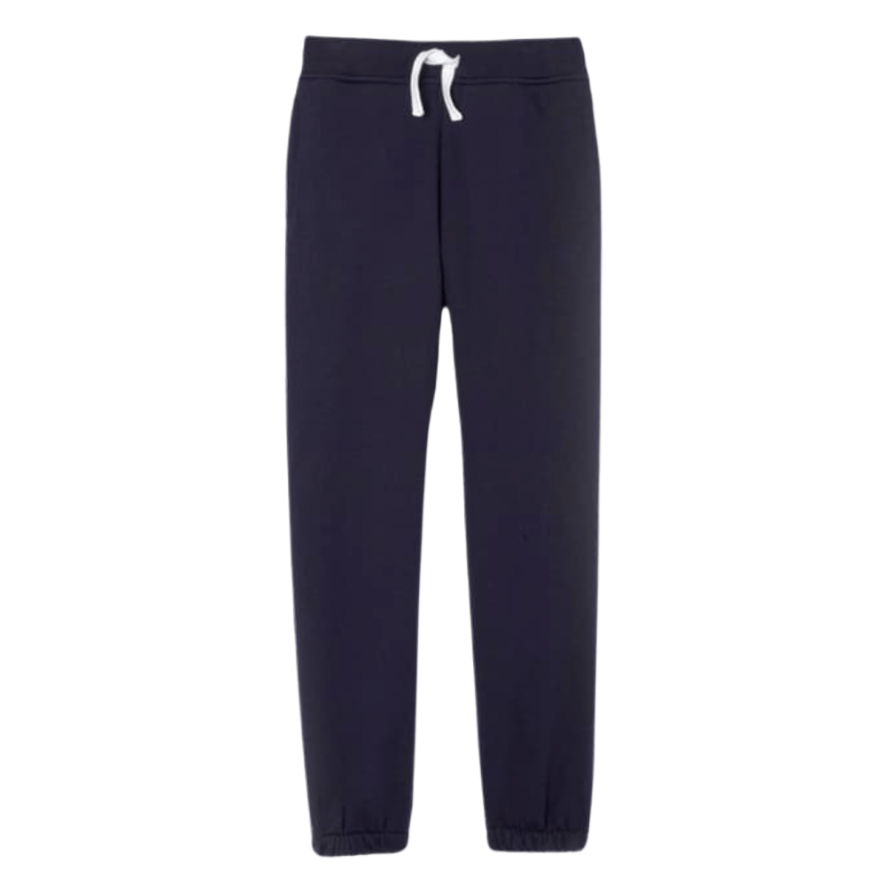 Navy blue sweatpants with a white drawstring.