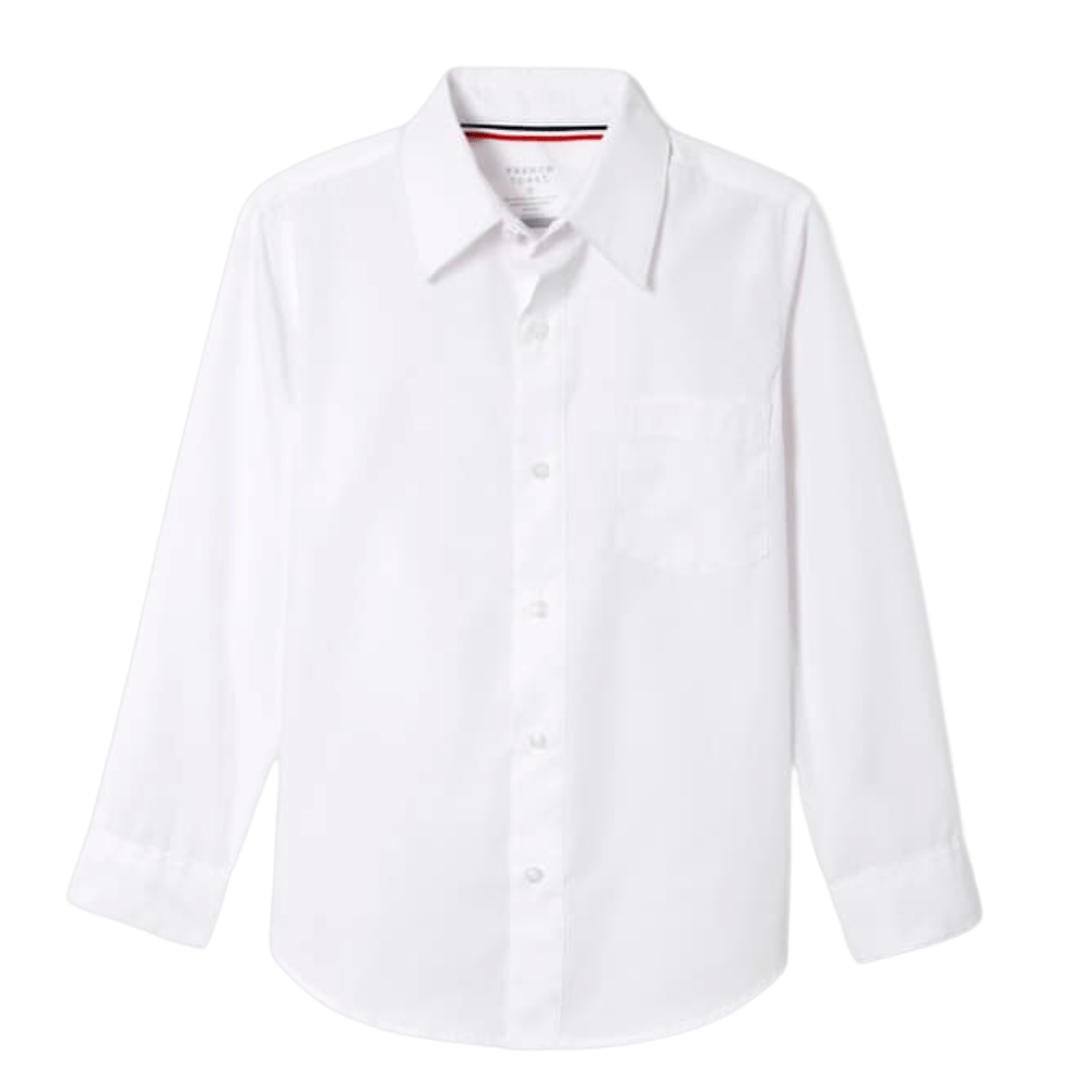 White long-sleeved button-down shirt with a chest pocket.