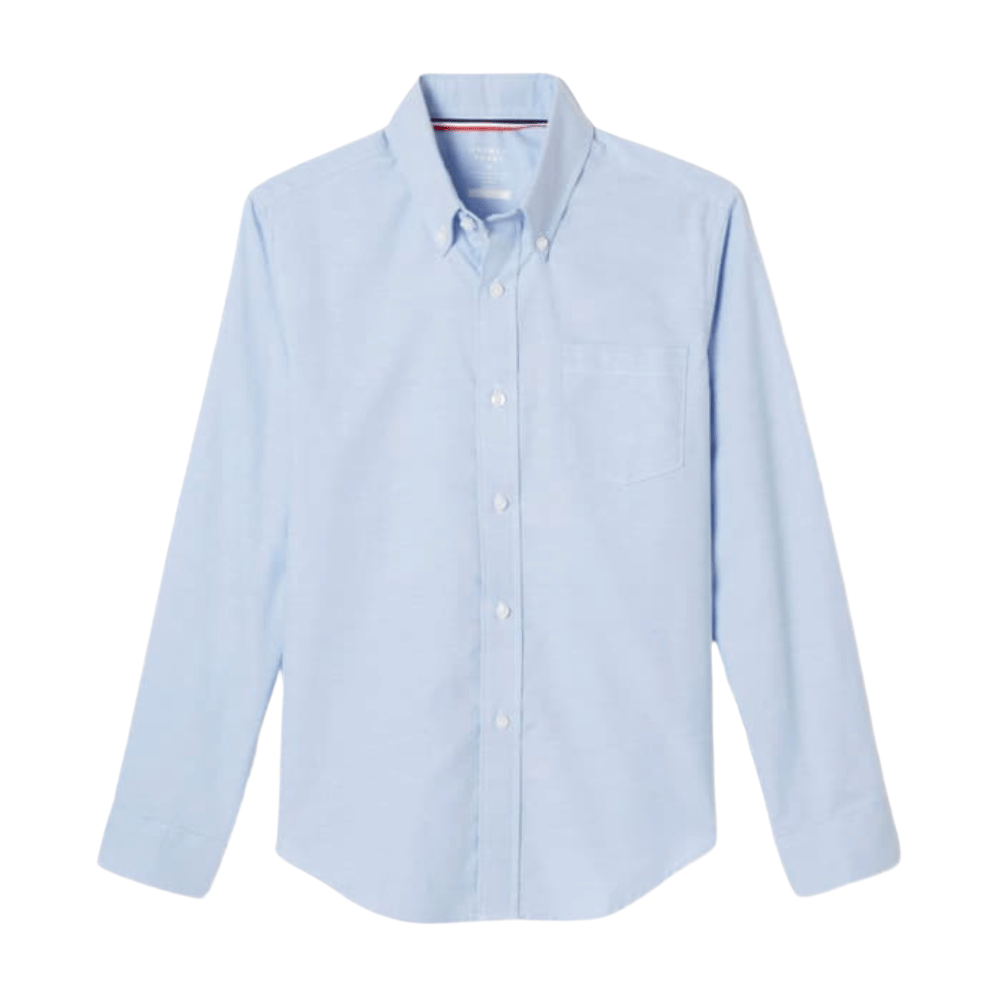 Light blue long-sleeved button-down shirt with a chest pocket.