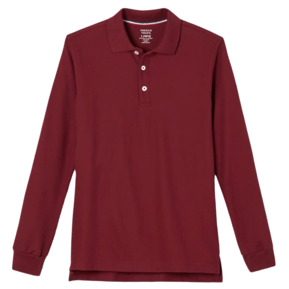 Burgundy long-sleeve polo shirt with two white buttons.
