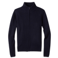 Navy blue zip-up knit sweater with a mock neck.
