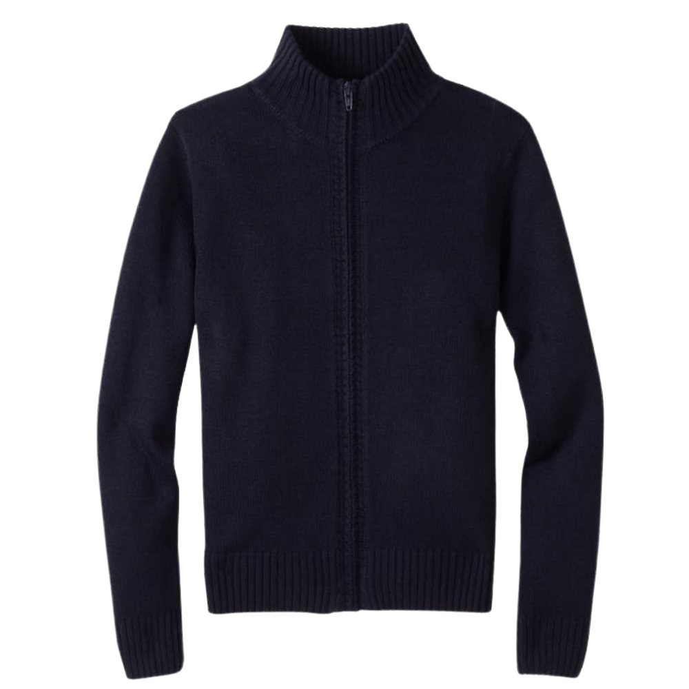 Navy blue zip-up knit sweater with a mock neck.