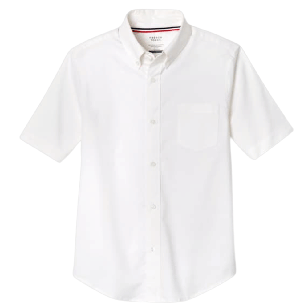 White short-sleeve button-down shirt with a chest pocket.