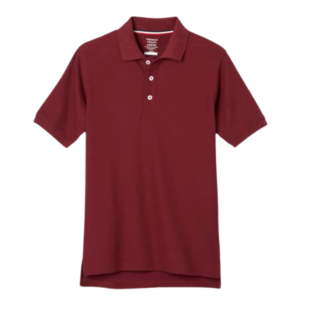 Maroon short-sleeve polo shirt with a collar and three buttons.