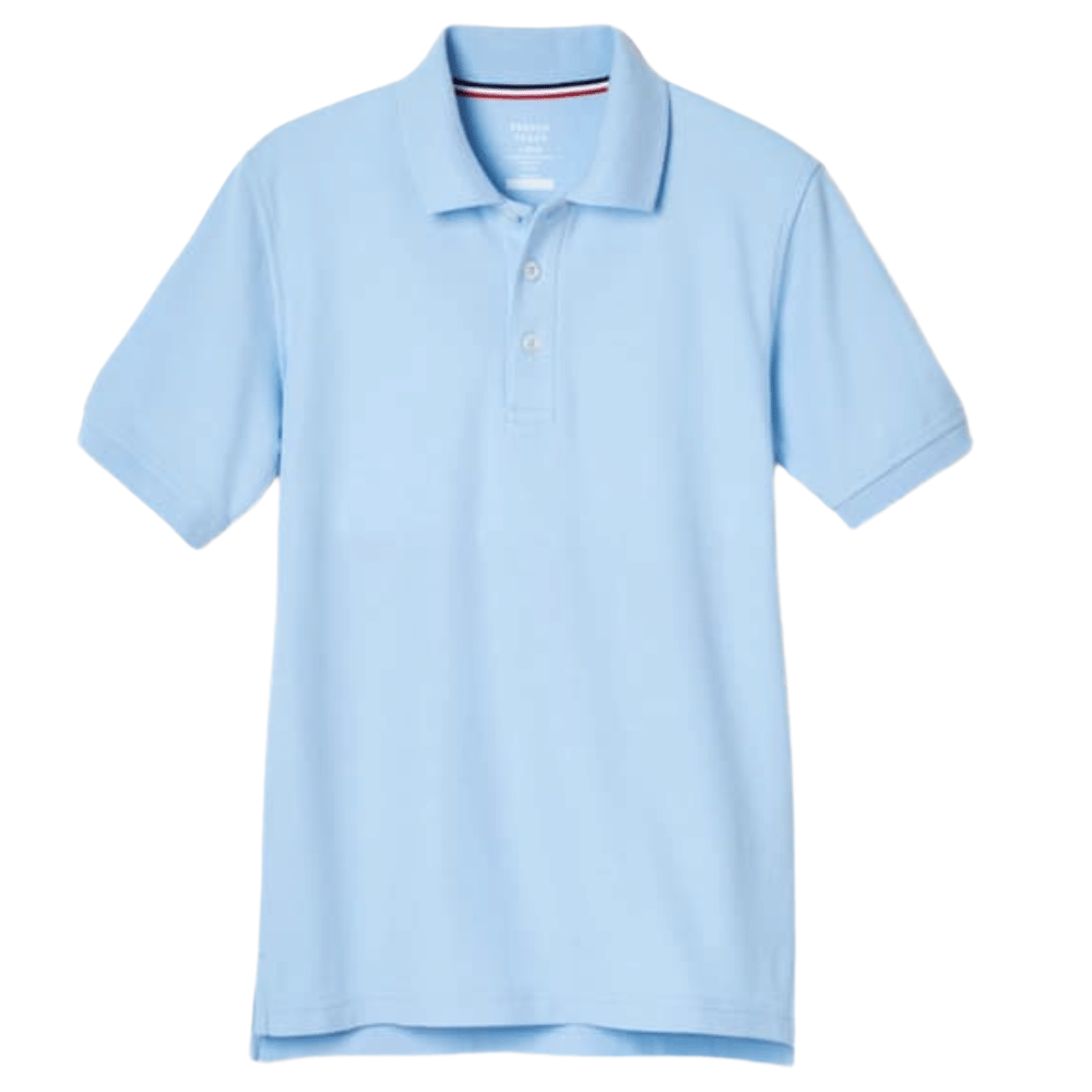 Light blue short-sleeve polo shirt with a collar and button placket.