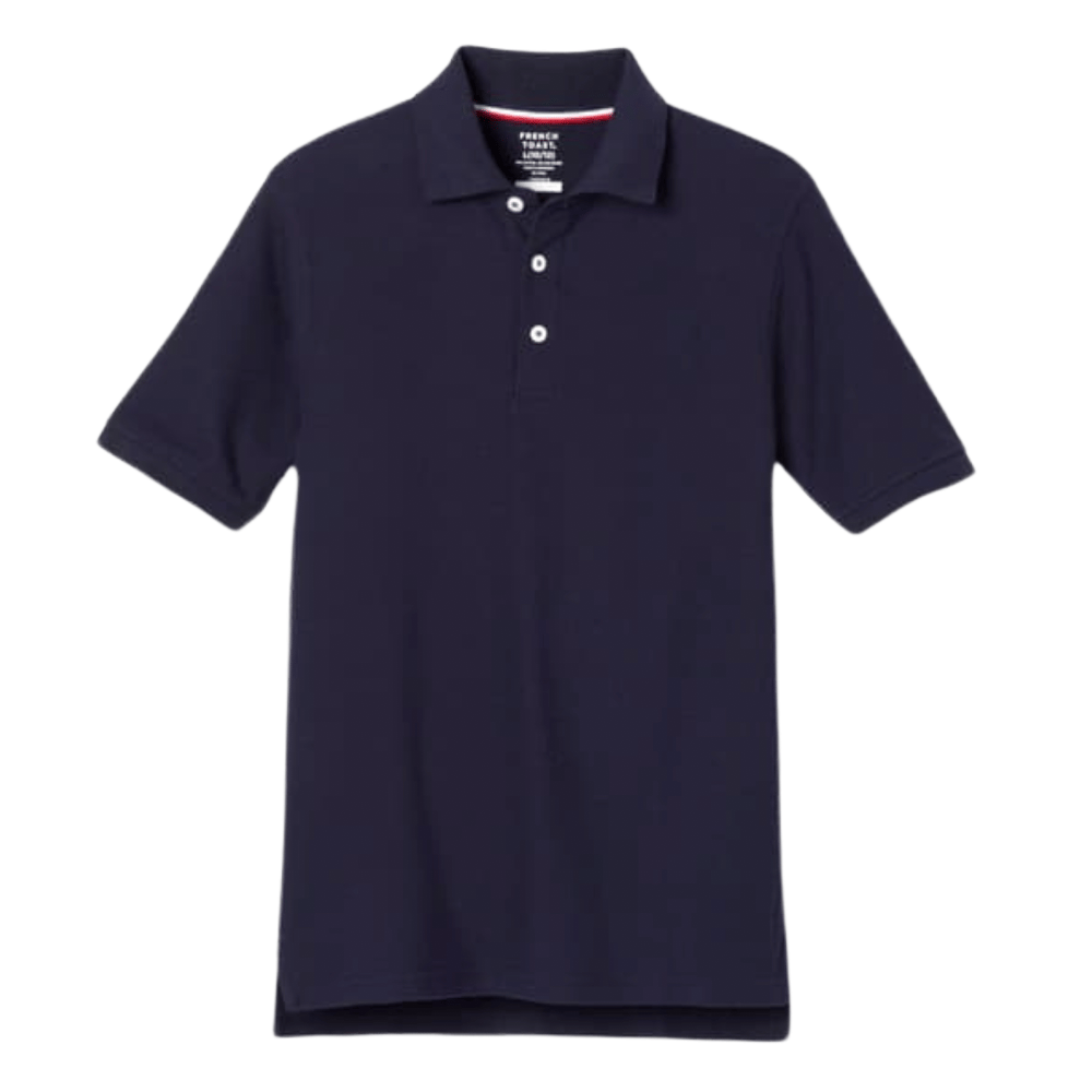 Navy blue short-sleeve polo shirt with a collar and two buttons.